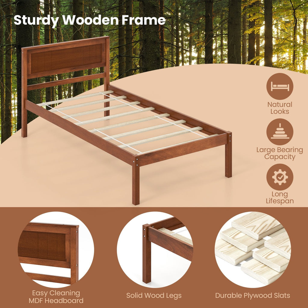 Cama de plataforma individual de madera con cabecero retro y 30,5 cm de espacio libre inferior, nogal