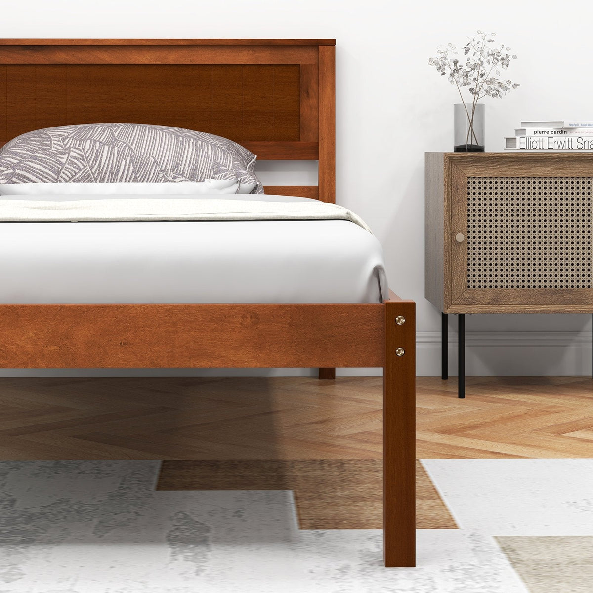 Cama de plataforma individual de madera con cabecero retro y 30,5 cm de espacio libre inferior, nogal