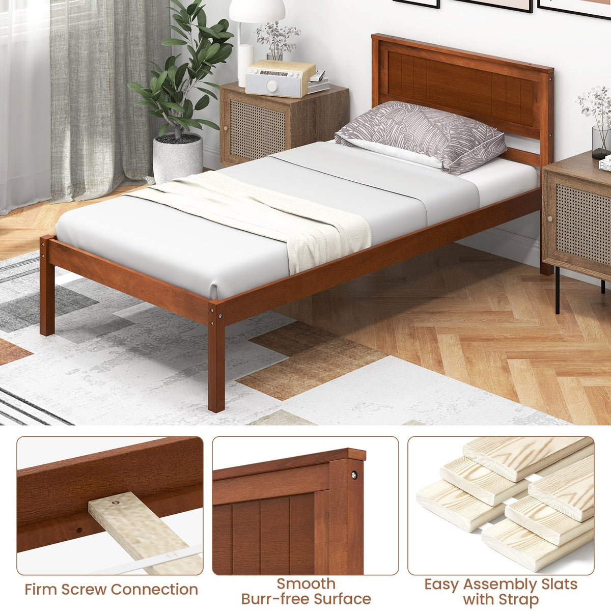 Cama de plataforma individual de madera con cabecero retro y 30,5 cm de espacio libre inferior, nogal