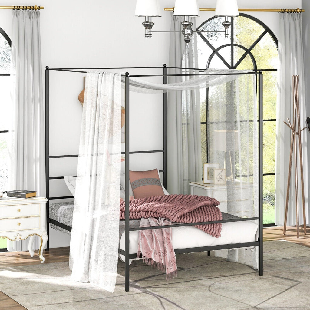 Full Metal Canopy Bed with 4 Posts, 11 Metal Slats and 12.5 Inch Clearance