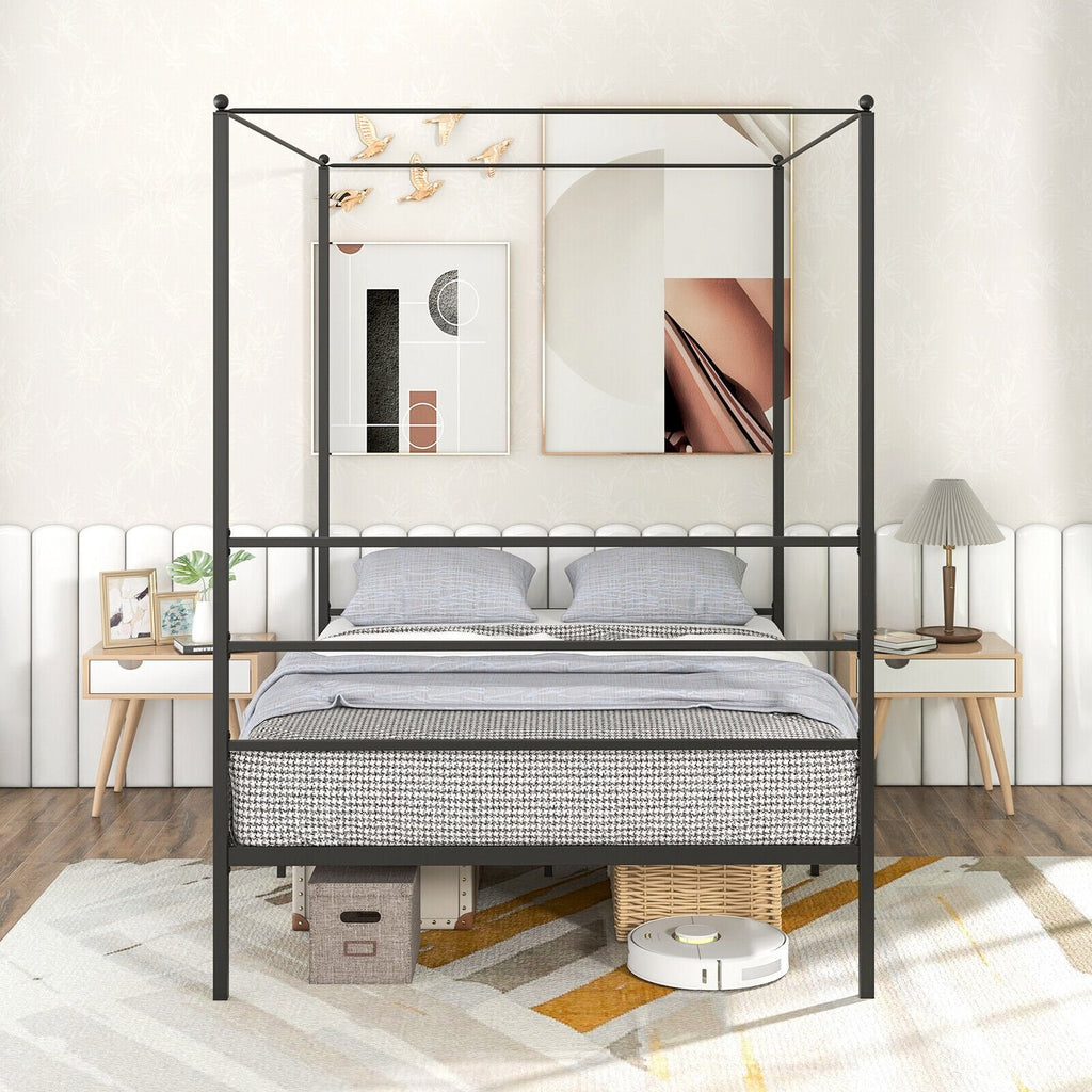 Full Metal Canopy Bed with 4 Posts, 11 Metal Slats and 12.5 Inch Clearance
