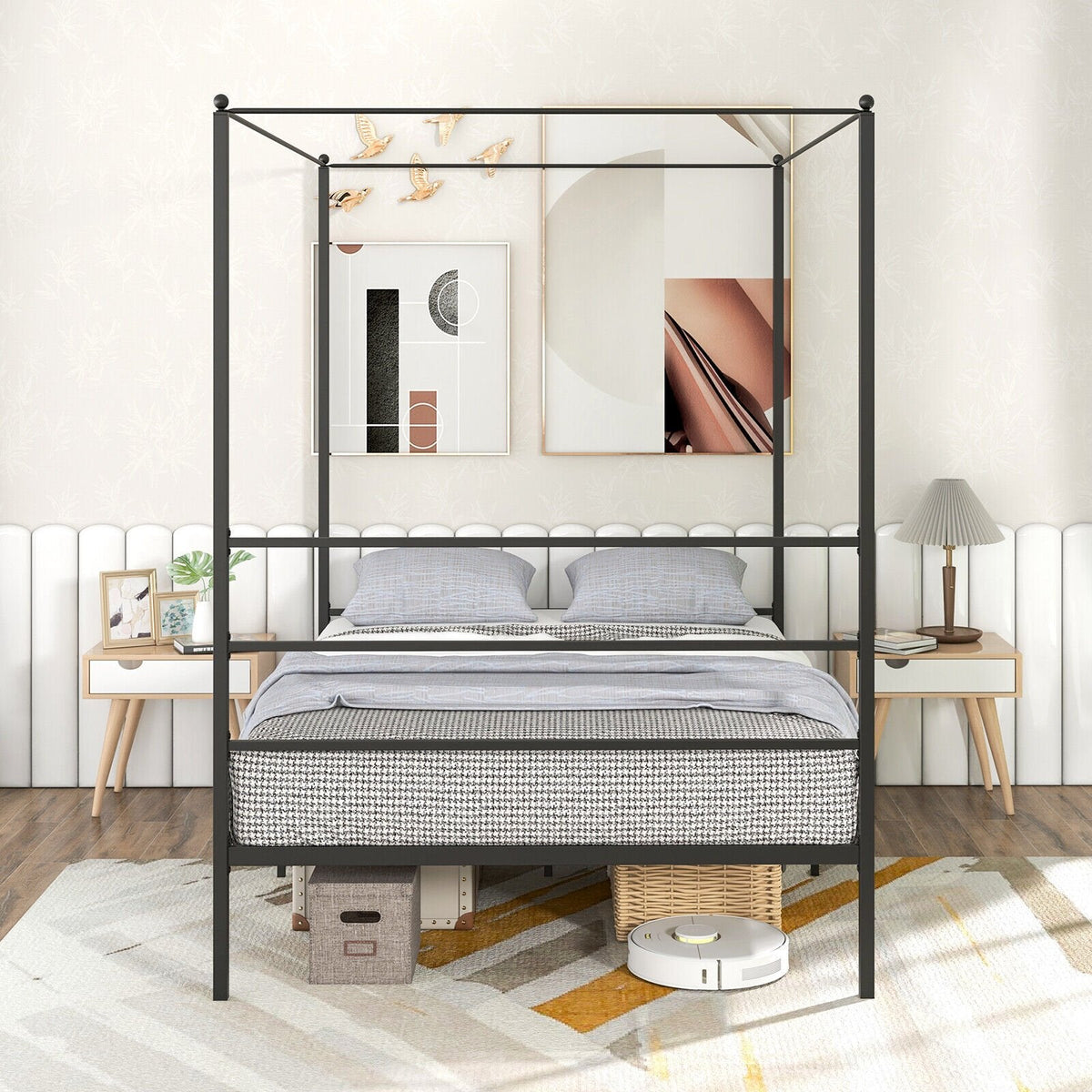 Full Metal Canopy Bed with 4 Posts, 11 Metal Slats and 12.5 Inch Clearance