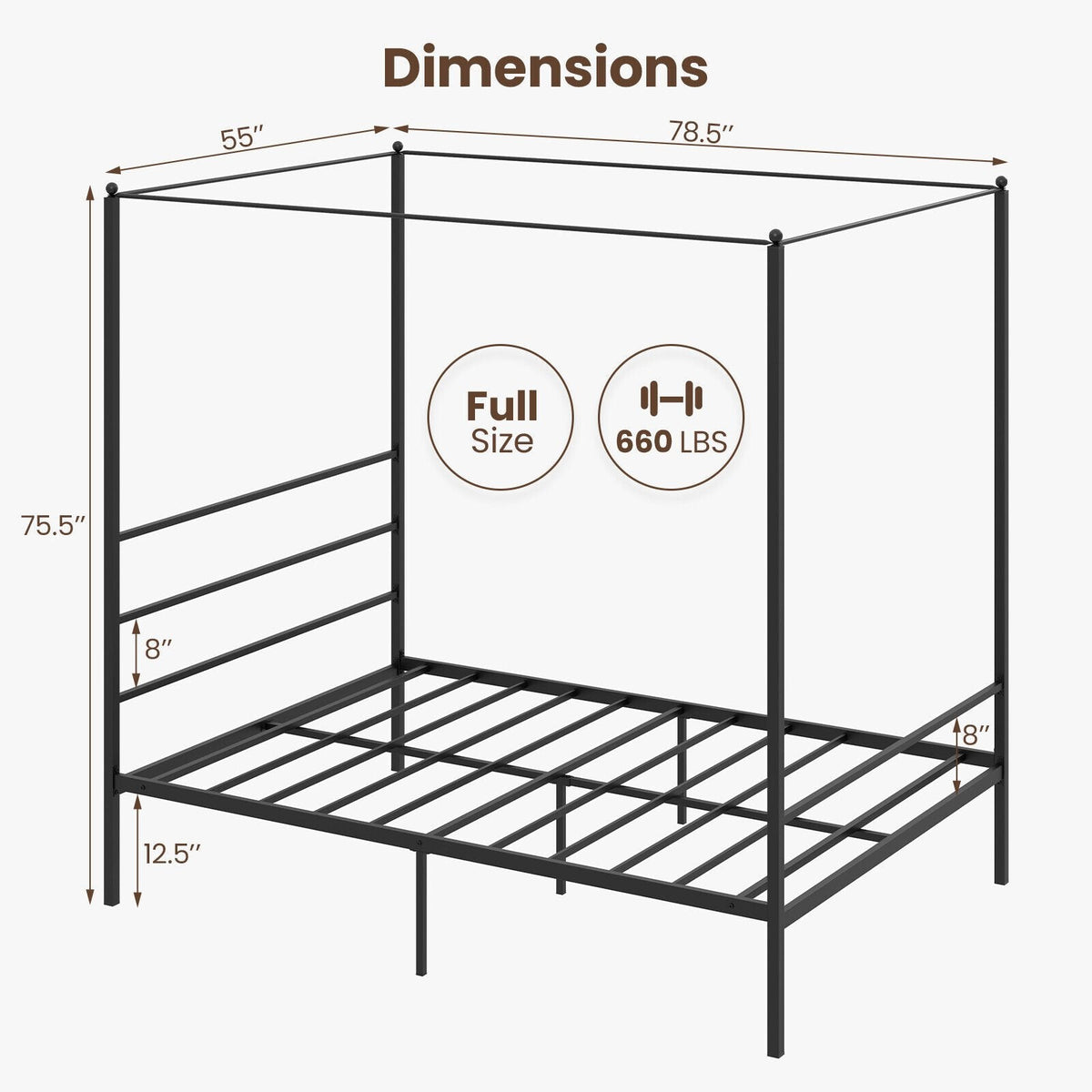 Full Metal Canopy Bed with 4 Posts, 11 Metal Slats and 12.5 Inch Clearance