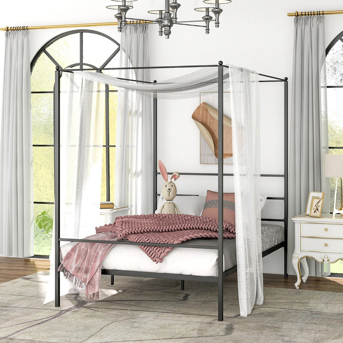 Full Metal Canopy Bed with 4 Posts, 11 Metal Slats and 12.5 Inch Clearance