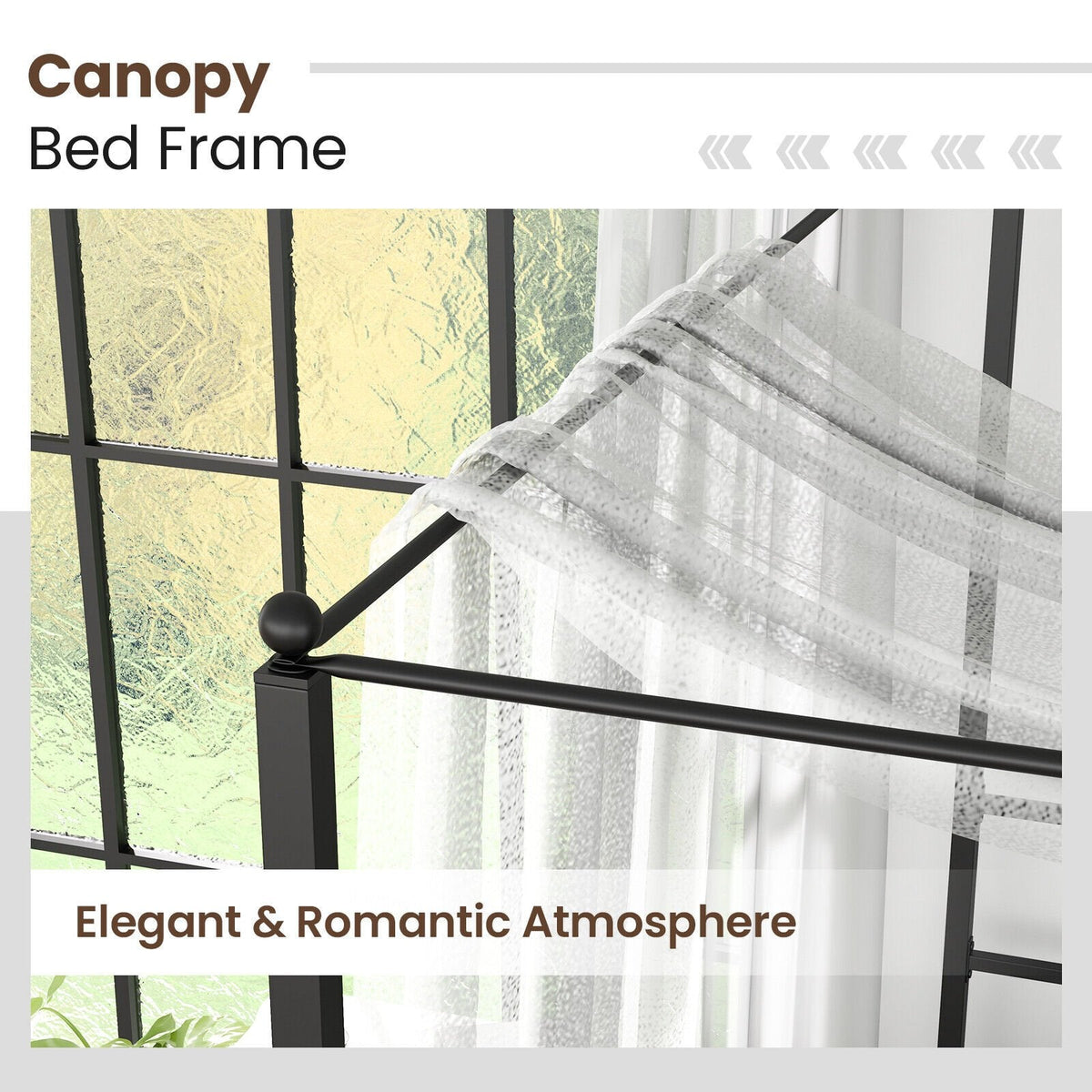 Full Metal Canopy Bed with 4 Posts, 11 Metal Slats and 12.5 Inch Clearance