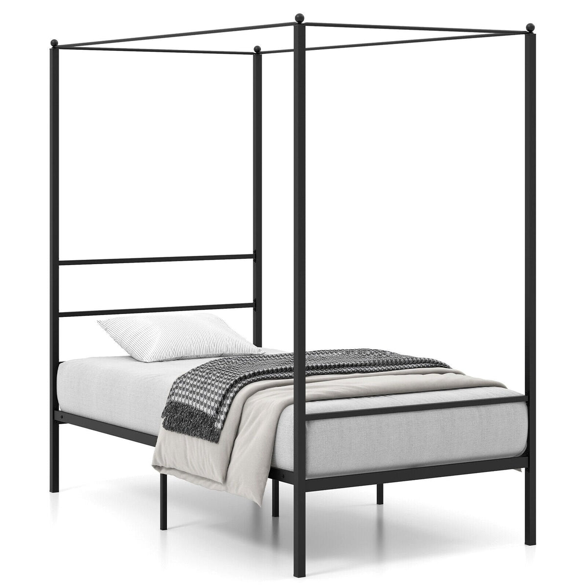 Cama individual con dosel de metal, 4 postes, 11 listones de metal y 12.5 pulgadas de espacio libre