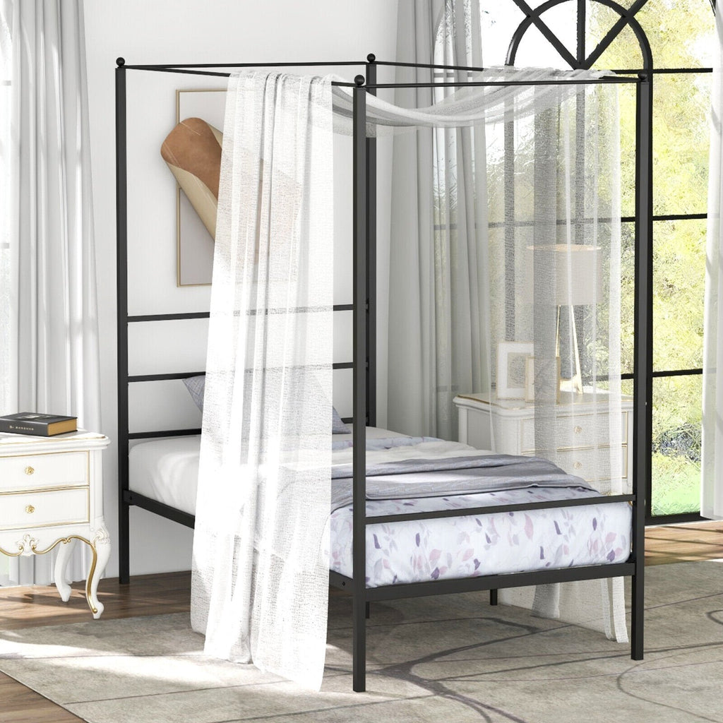 Cama individual con dosel de metal, 4 postes, 11 listones de metal y 12.5 pulgadas de espacio libre