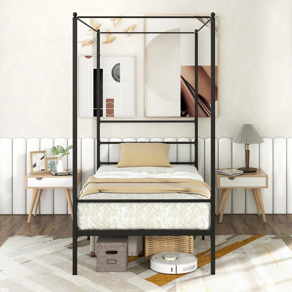 Cama individual con dosel de metal, 4 postes, 11 listones de metal y 12.5 pulgadas de espacio libre