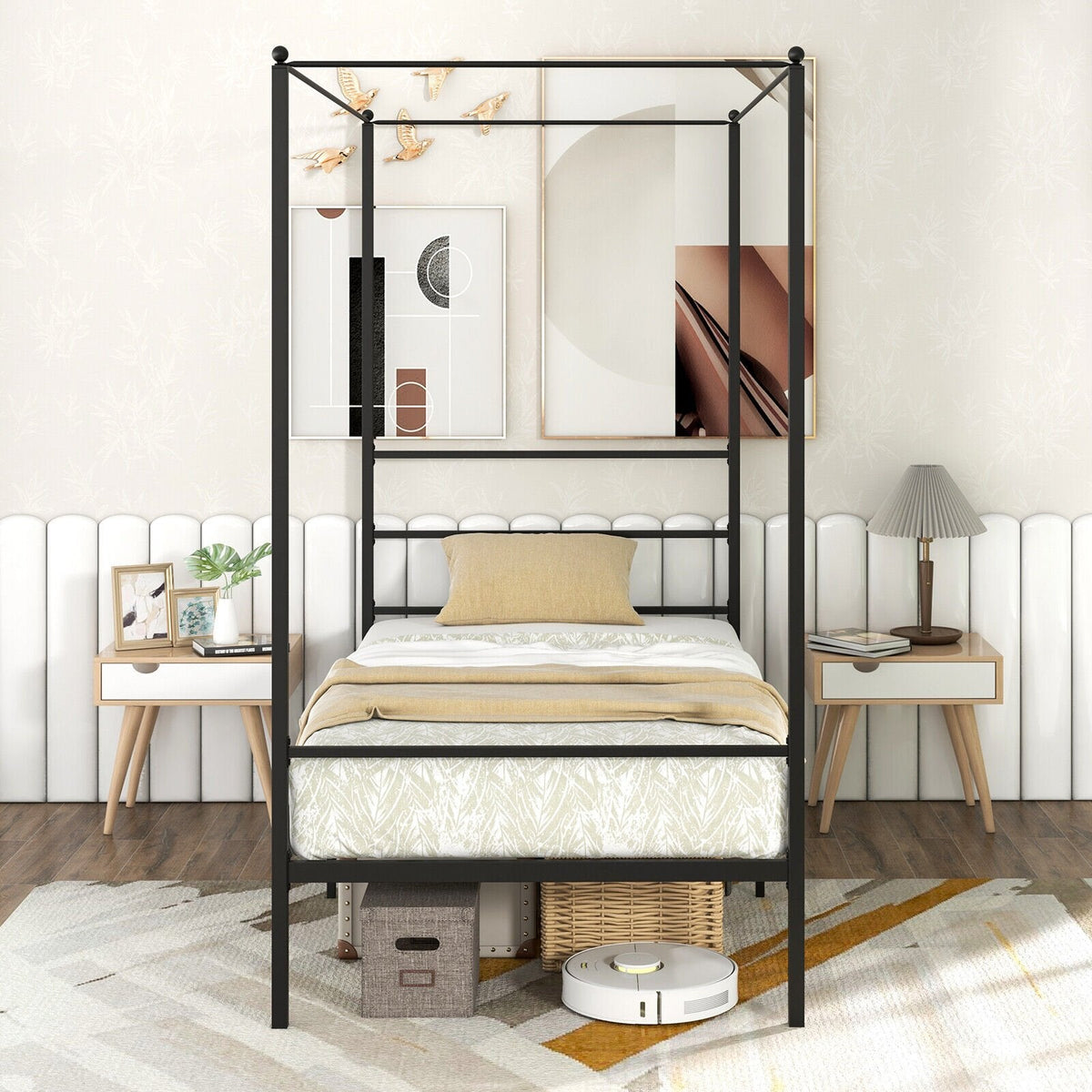 Cama individual con dosel de metal, 4 postes, 11 listones de metal y 12.5 pulgadas de espacio libre