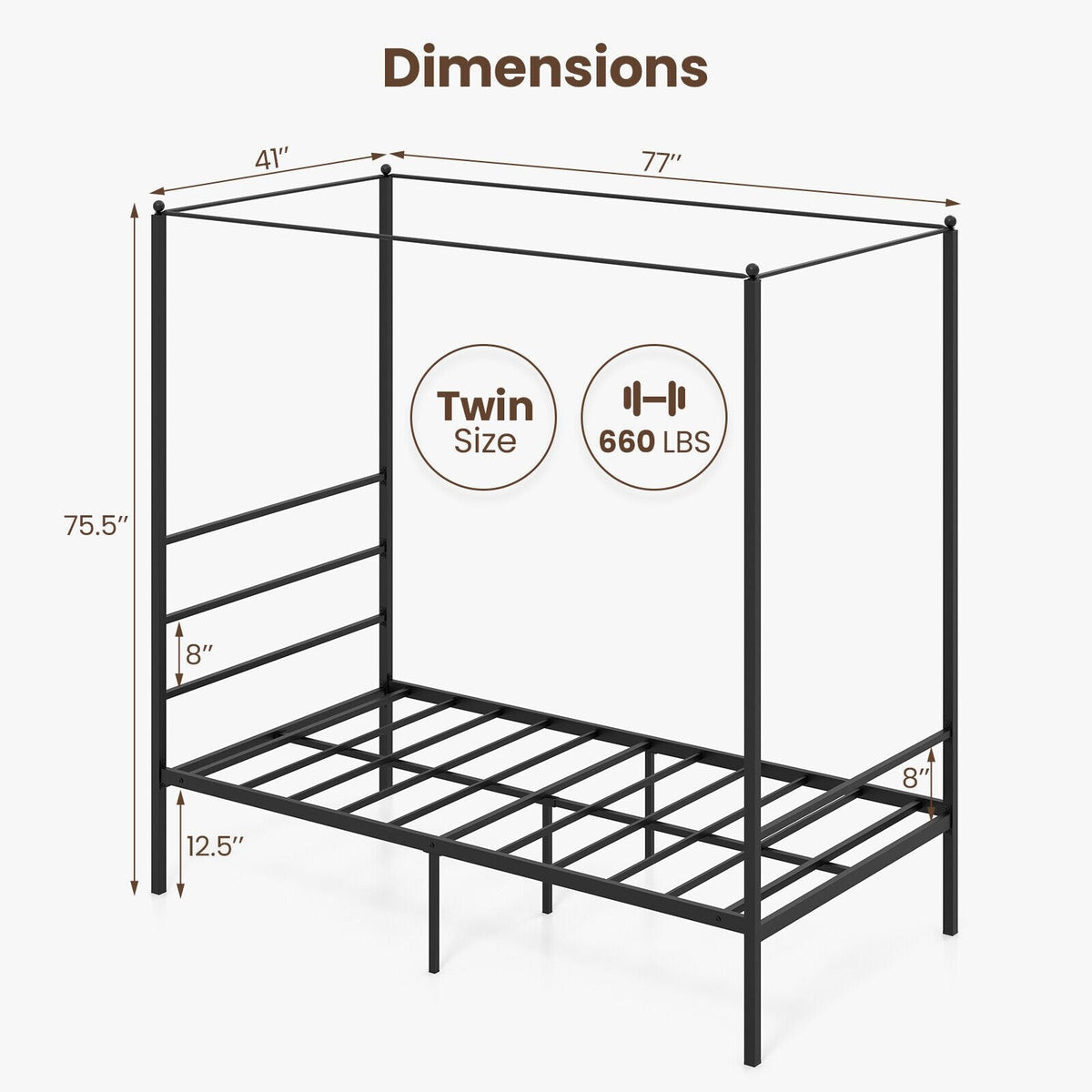 Cama individual con dosel de metal, 4 postes, 11 listones de metal y 12.5 pulgadas de espacio libre