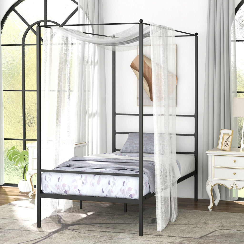 Cama individual con dosel de metal, 4 postes, 11 listones de metal y 12.5 pulgadas de espacio libre