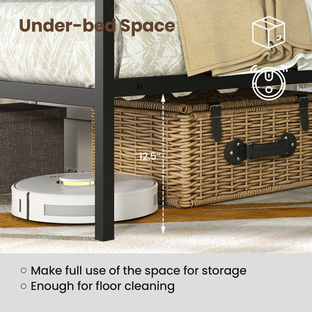 Cama individual con dosel de metal, 4 postes, 11 listones de metal y 12.5 pulgadas de espacio libre
