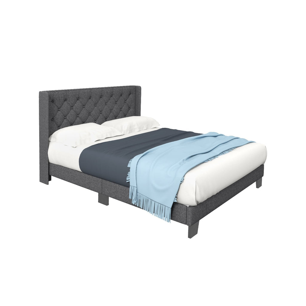 Gepolstertes Queen-Size-Plattformbett mit Rautensteppung und Flügelkopfboard, Grau