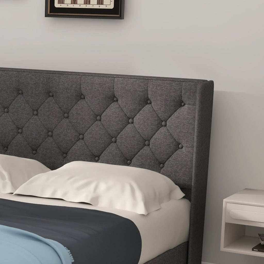 Gepolstertes Queen-Size-Plattformbett mit Rautensteppung und Flügelkopfboard, Grau
