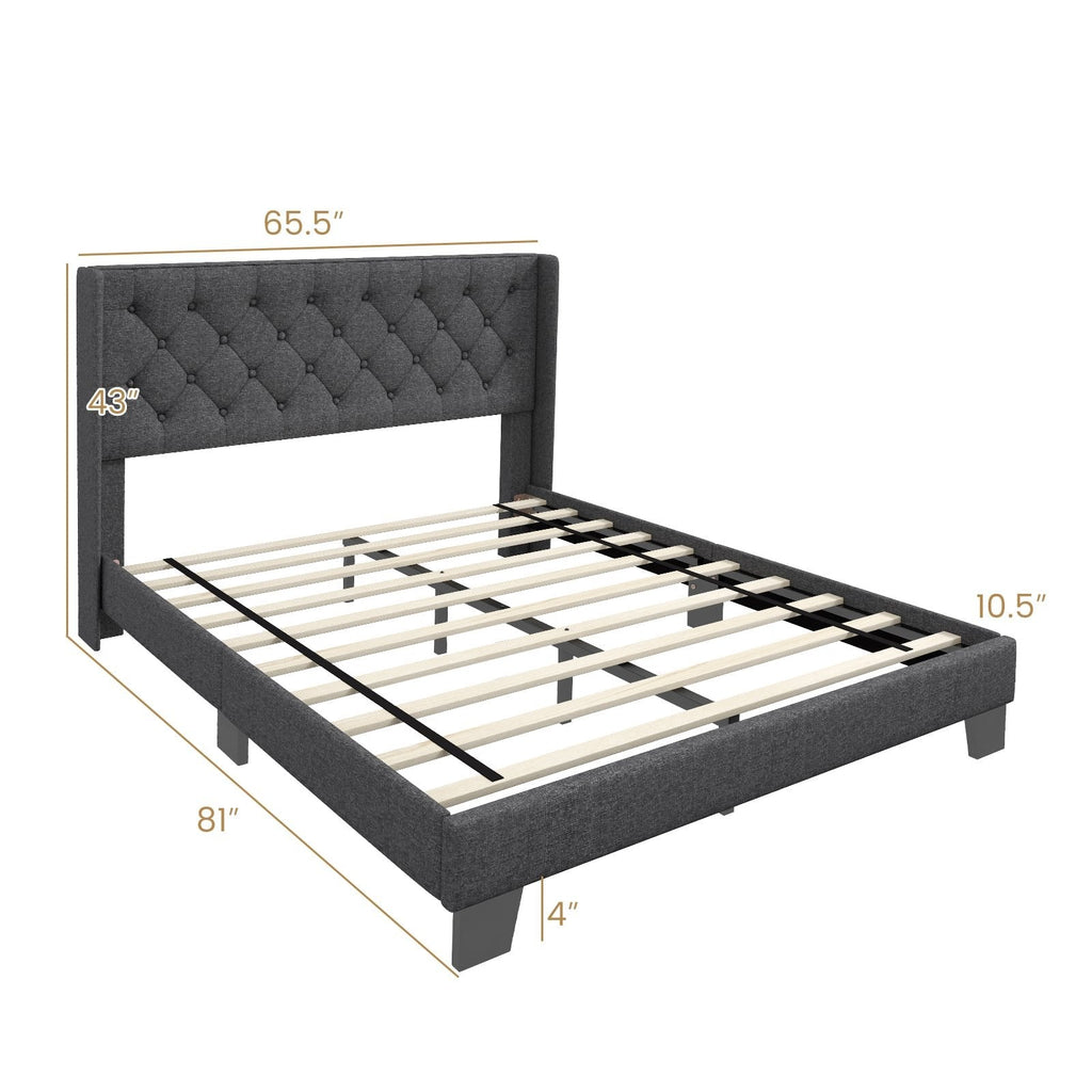 Gepolstertes Queen-Size-Plattformbett mit Rautensteppung und Flügelkopfboard, Grau
