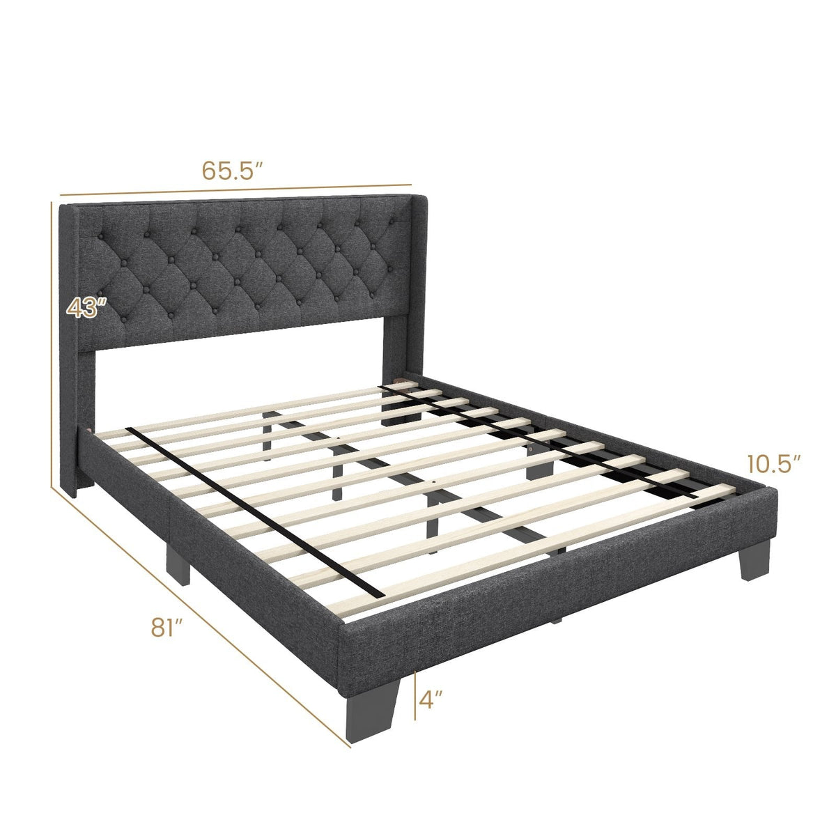 Gepolstertes Queen-Size-Plattformbett mit Rautensteppung und Flügelkopfboard, Grau