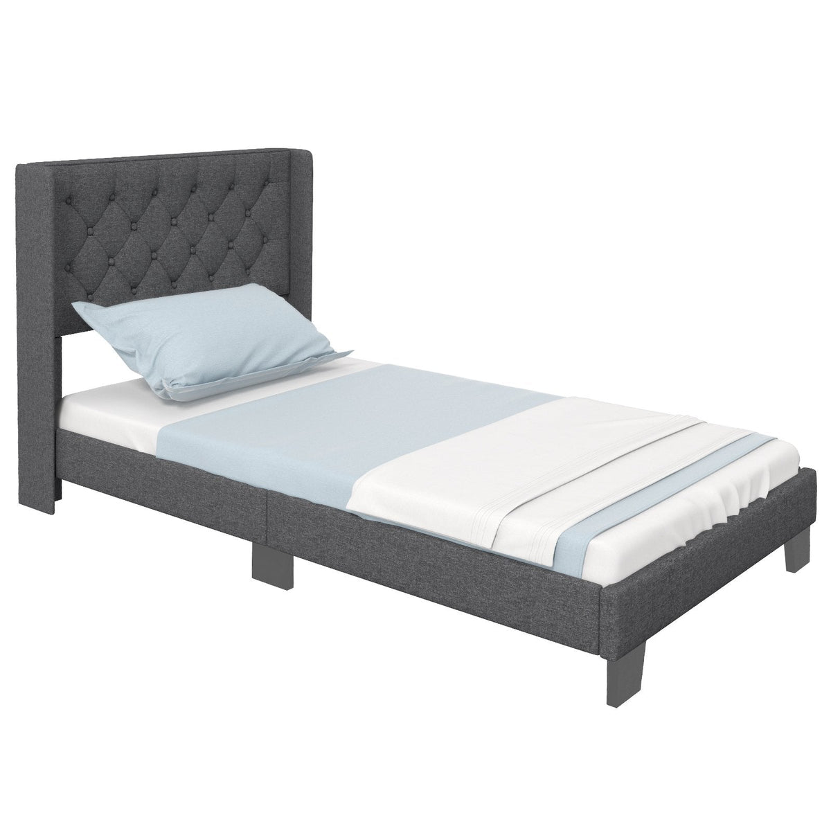Doppelbett mit gepolstertem Bettgestell und rautenförmig geknöpftem Flügelkopfteil, Grau
