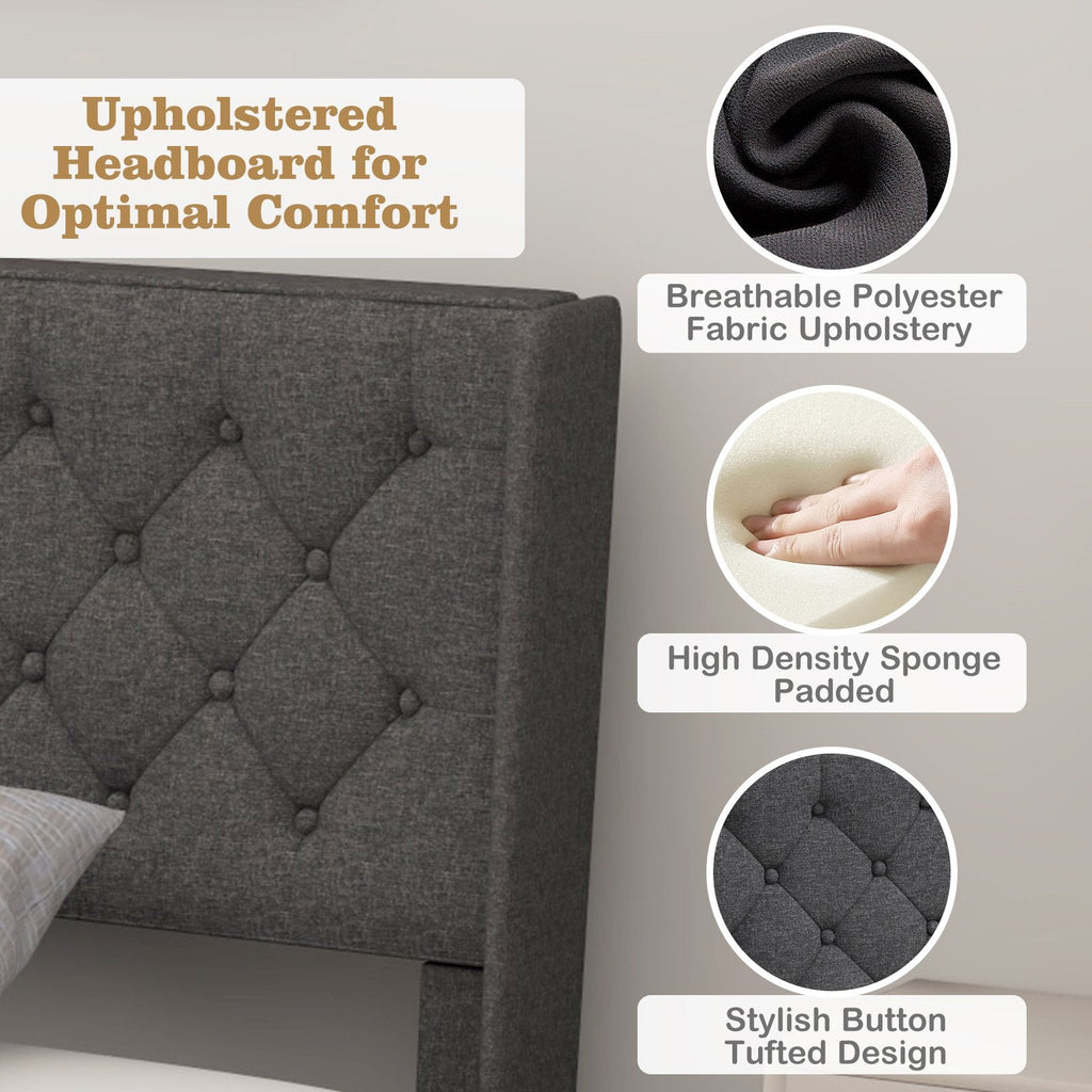 Doppelbett mit gepolstertem Bettgestell und rautenförmig geknöpftem Flügelkopfteil, Grau