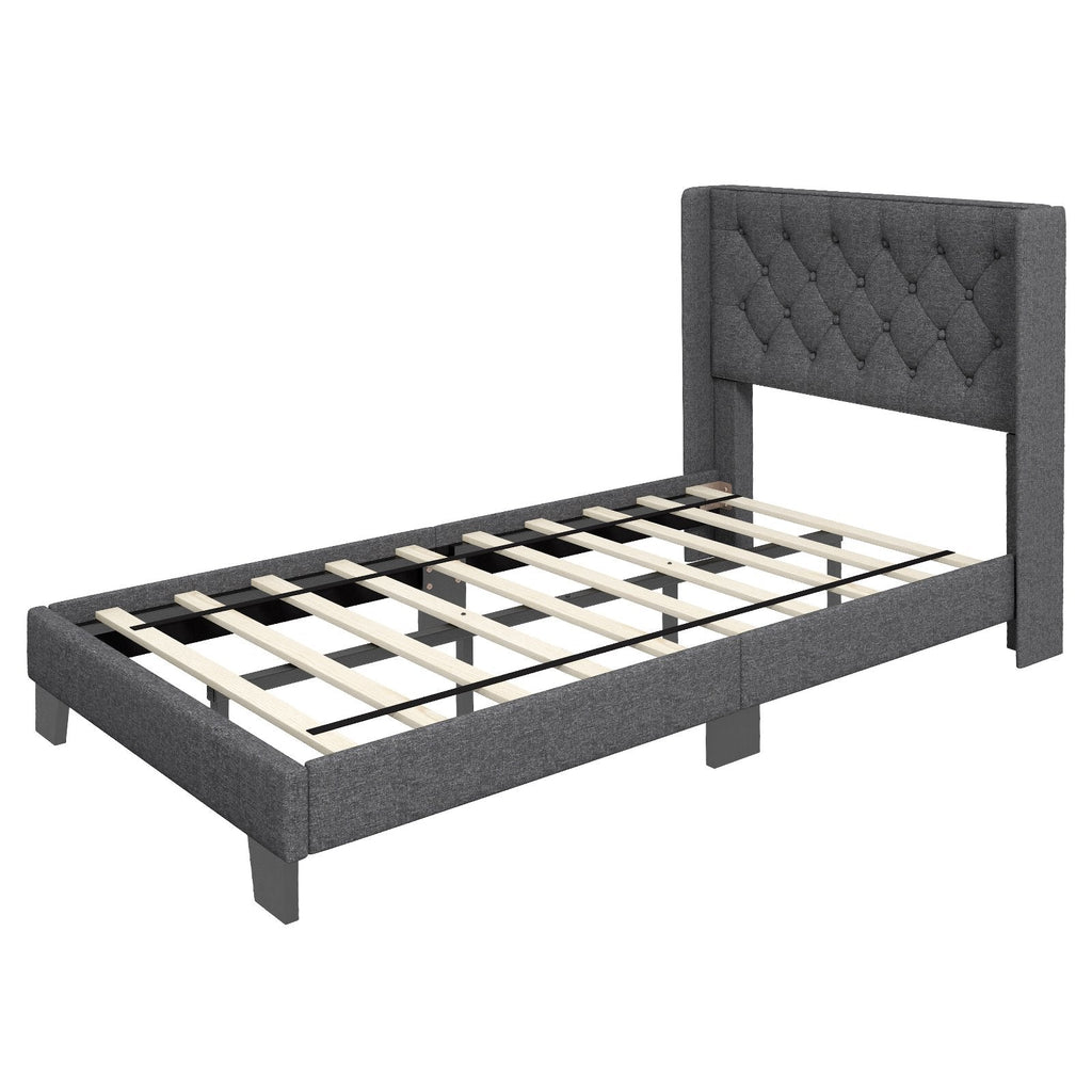 Doppelbett mit gepolstertem Bettgestell und rautenförmig geknöpftem Flügelkopfteil, Grau
