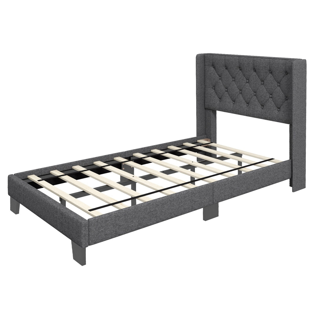 Doppelbett mit gepolstertem Bettgestell und rautenförmig geknöpftem Flügelkopfteil, Grau