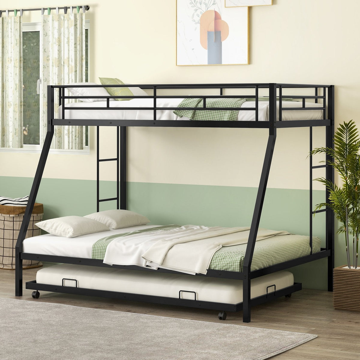 Lit Superposé Jumeau sur Double avec Lit Gigogne pour Chambre d'Amis-Noir