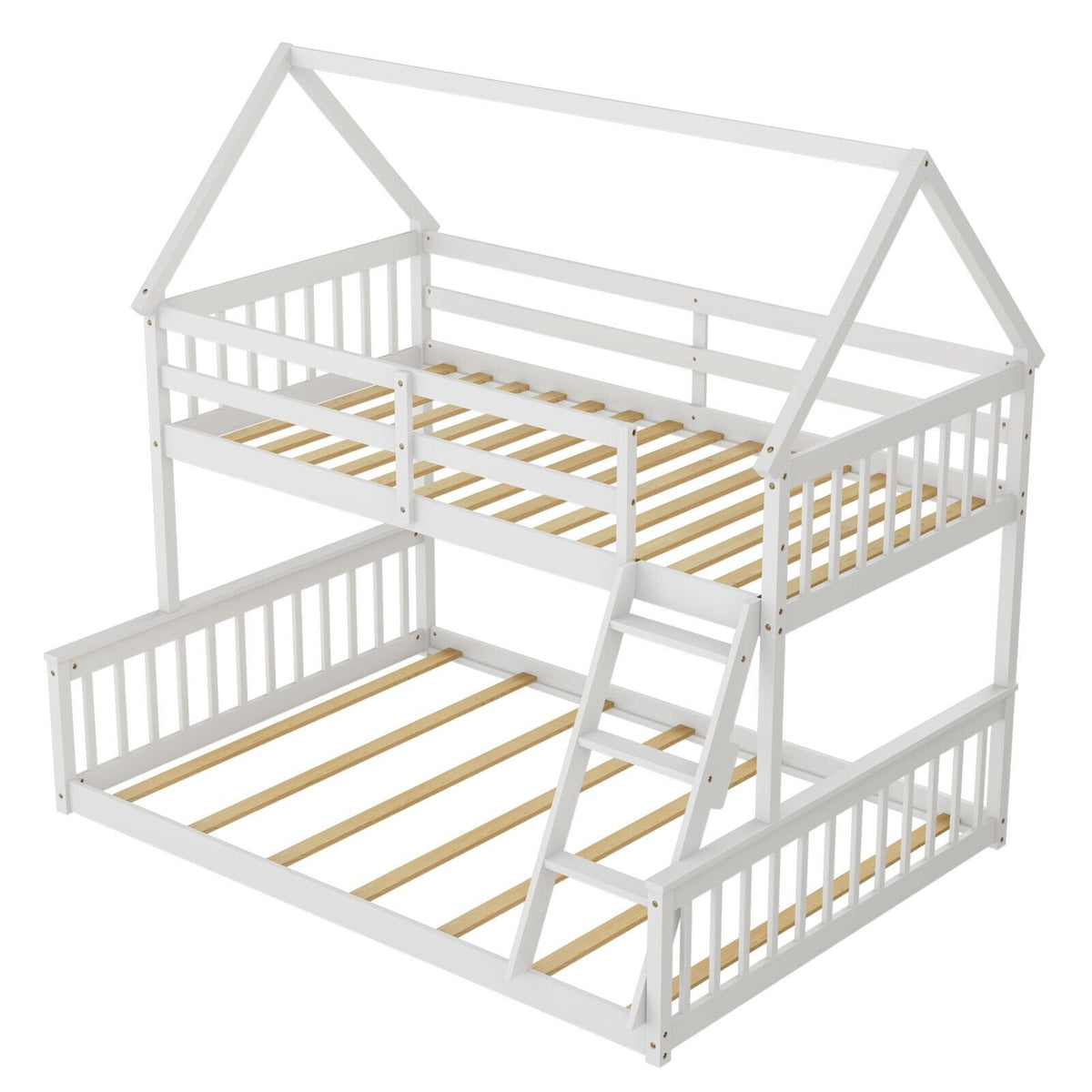 Litera de casa doble sobre matrimonial con escalera y barandales-Blanco