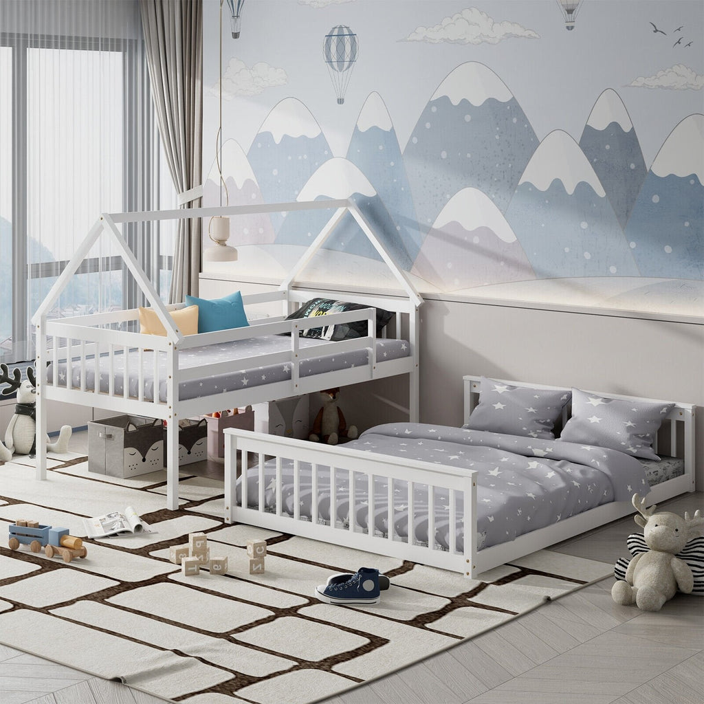 Litera de casa doble sobre matrimonial con escalera y barandales-Blanco