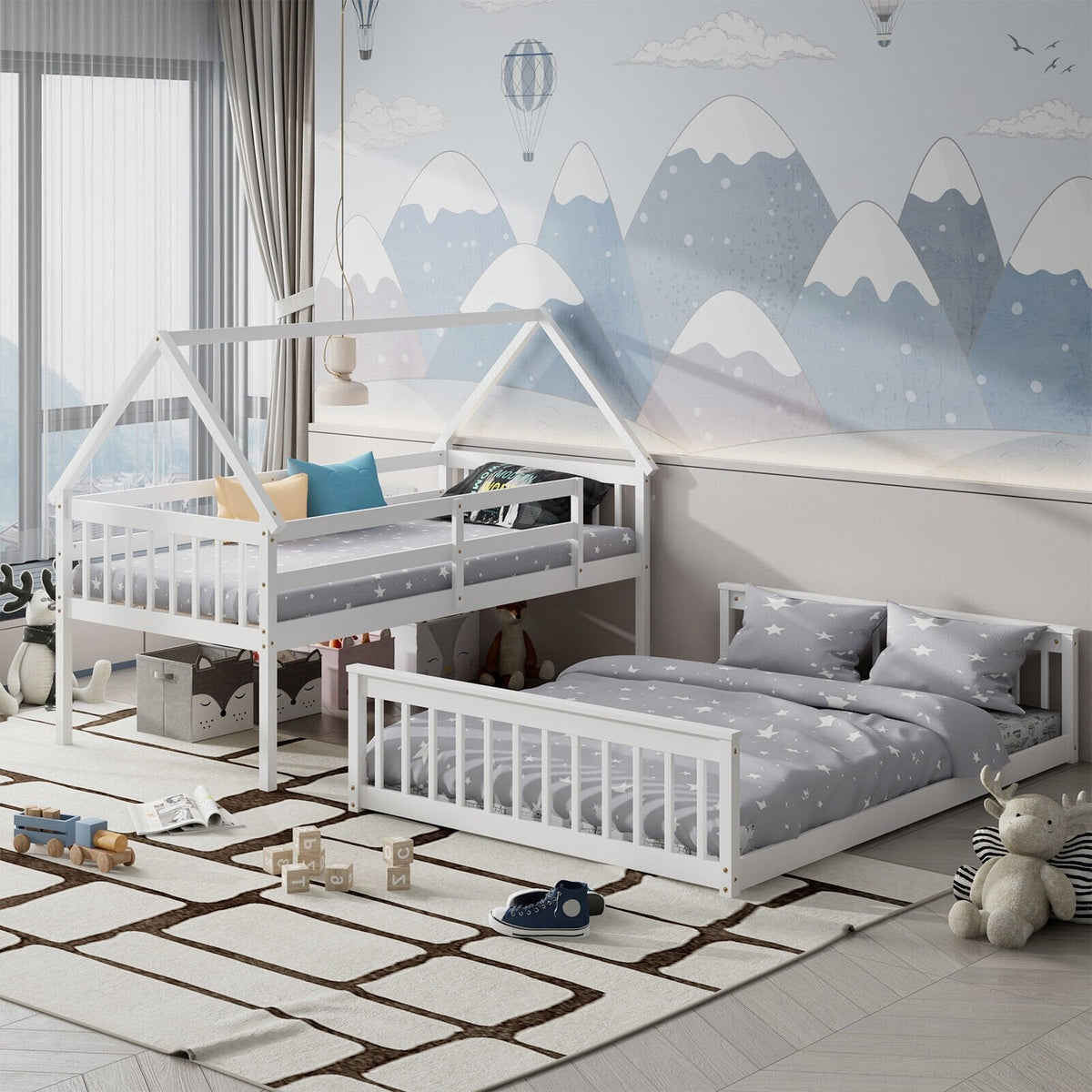 Litera de casa doble sobre matrimonial con escalera y barandales-Blanco