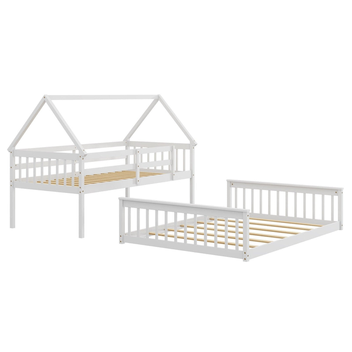 Litera de casa doble sobre matrimonial con escalera y barandales-Blanco
