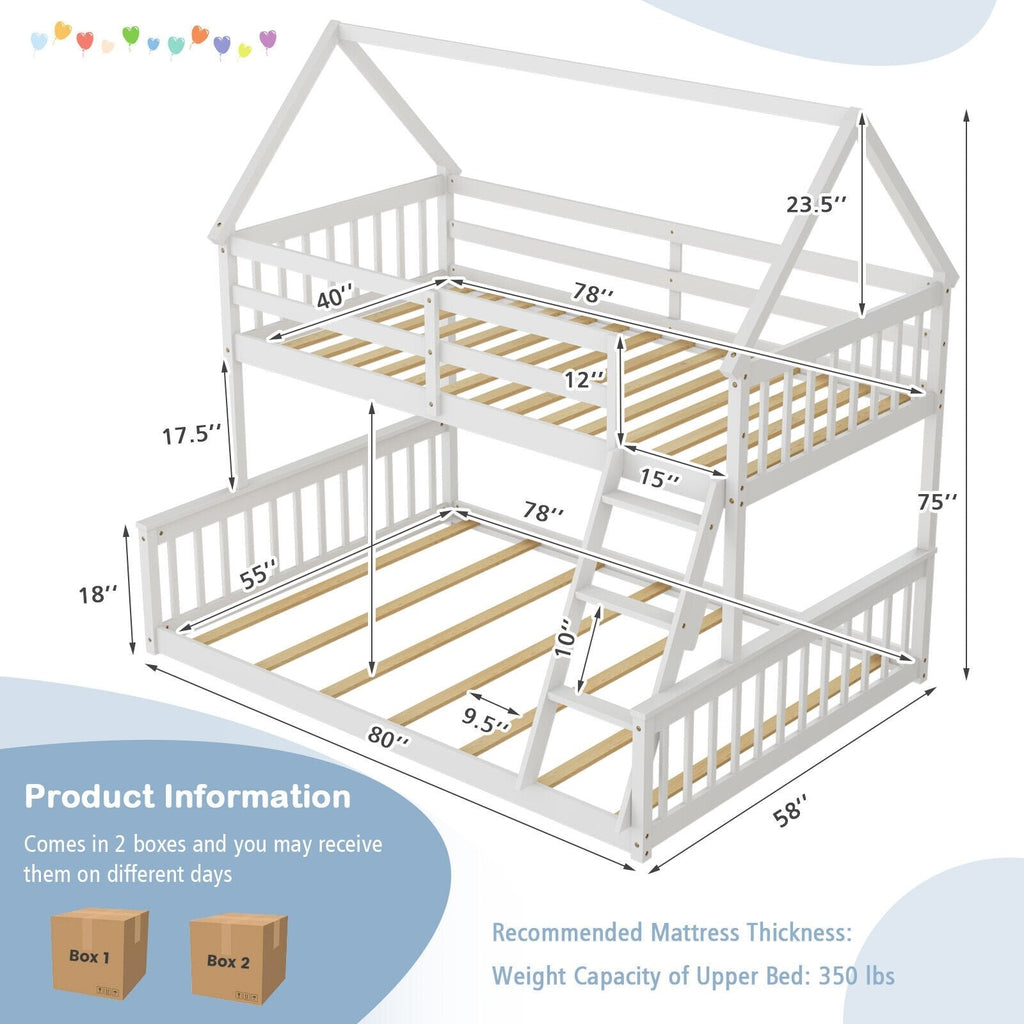 Litera de casa doble sobre matrimonial con escalera y barandales-Blanco