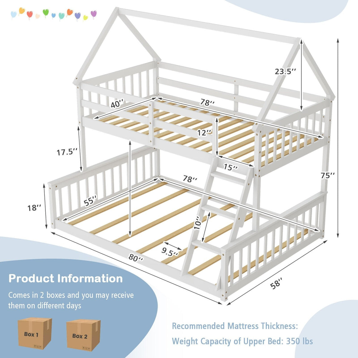 Litera de casa doble sobre matrimonial con escalera y barandales-Blanco