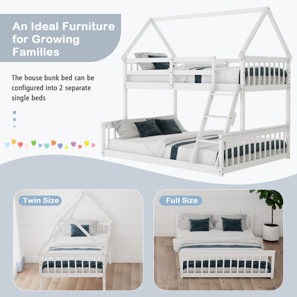 Litera de casa doble sobre matrimonial con escalera y barandales-Blanco