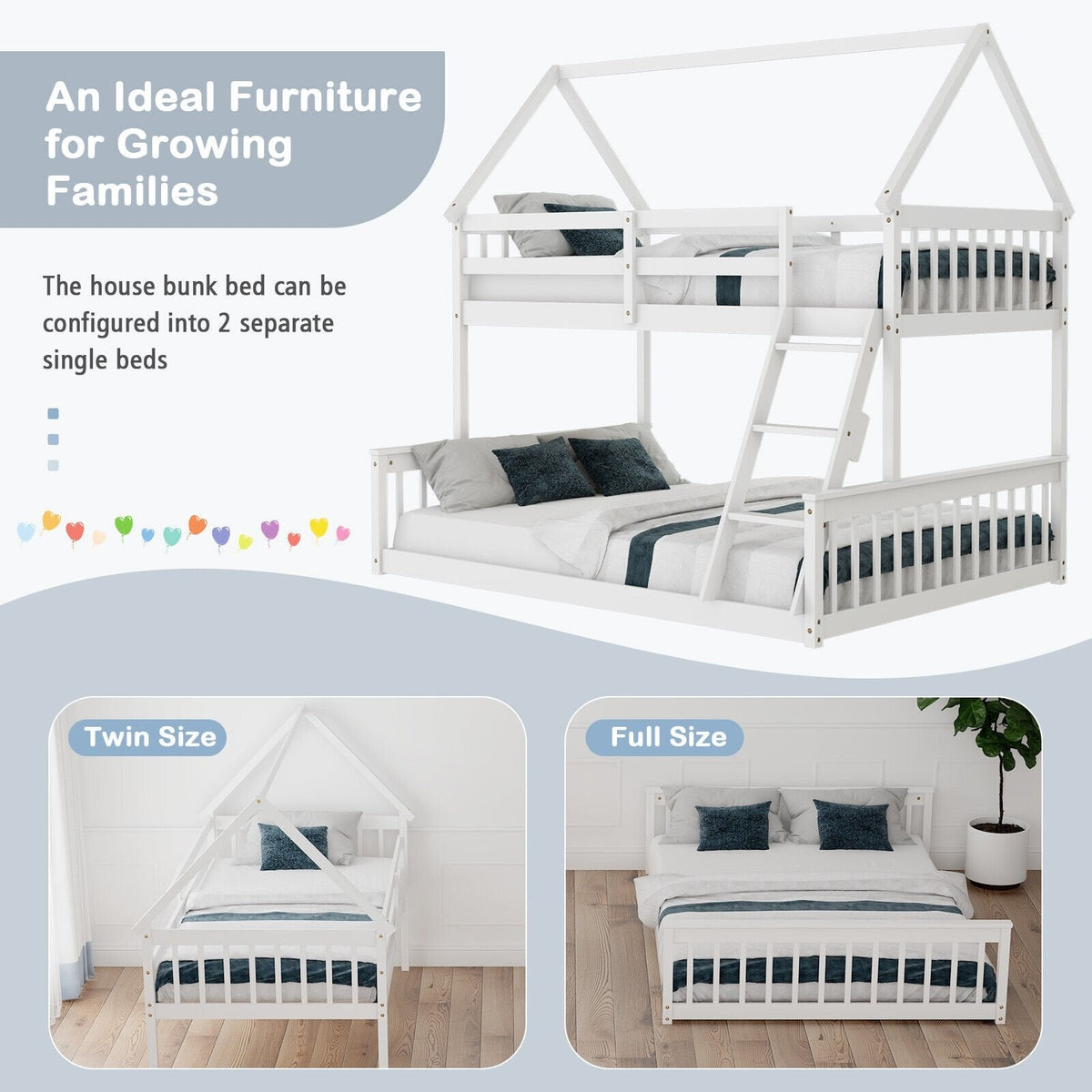 Litera de casa doble sobre matrimonial con escalera y barandales-Blanco