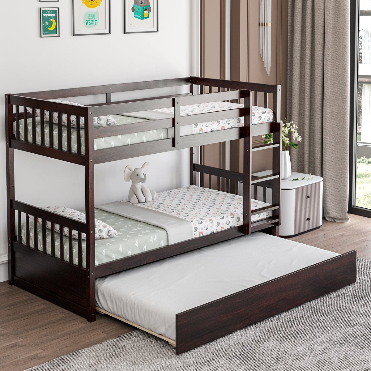 Litera doble sobre doble con cama nido deslizable y escalera - Espresso
