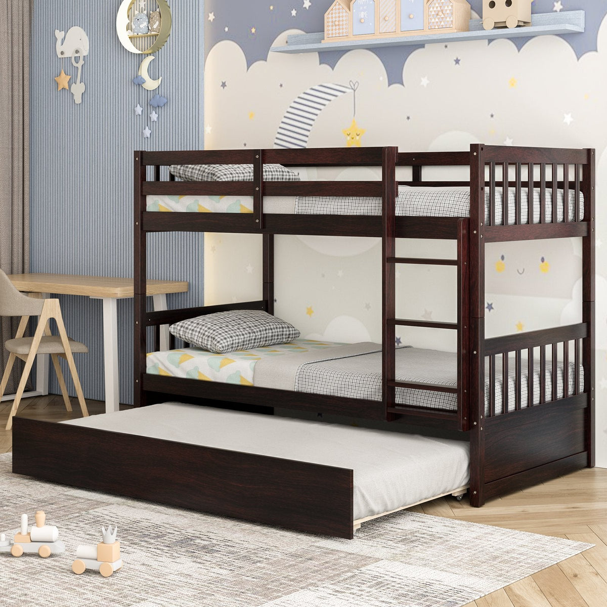 Litera doble sobre doble con cama nido deslizable y escalera - Espresso