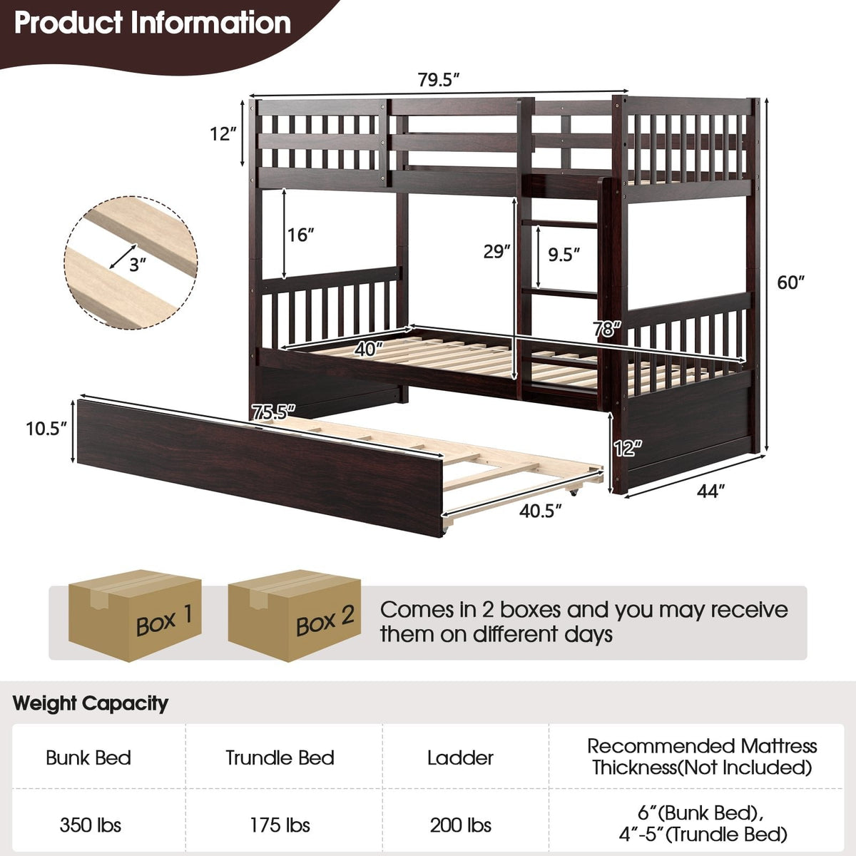 Litera doble sobre doble con cama nido deslizable y escalera - Espresso