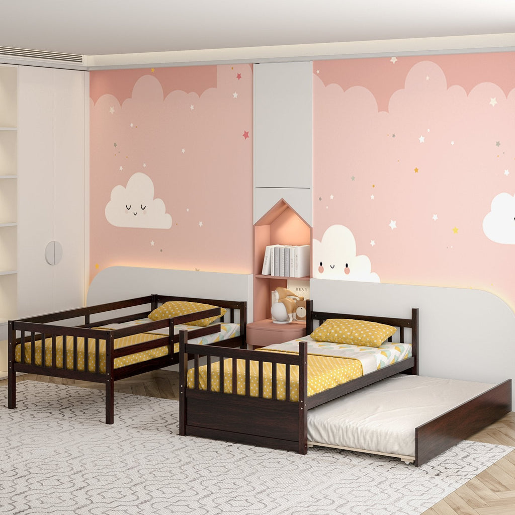 Litera doble sobre doble con cama nido deslizable y escalera - Espresso