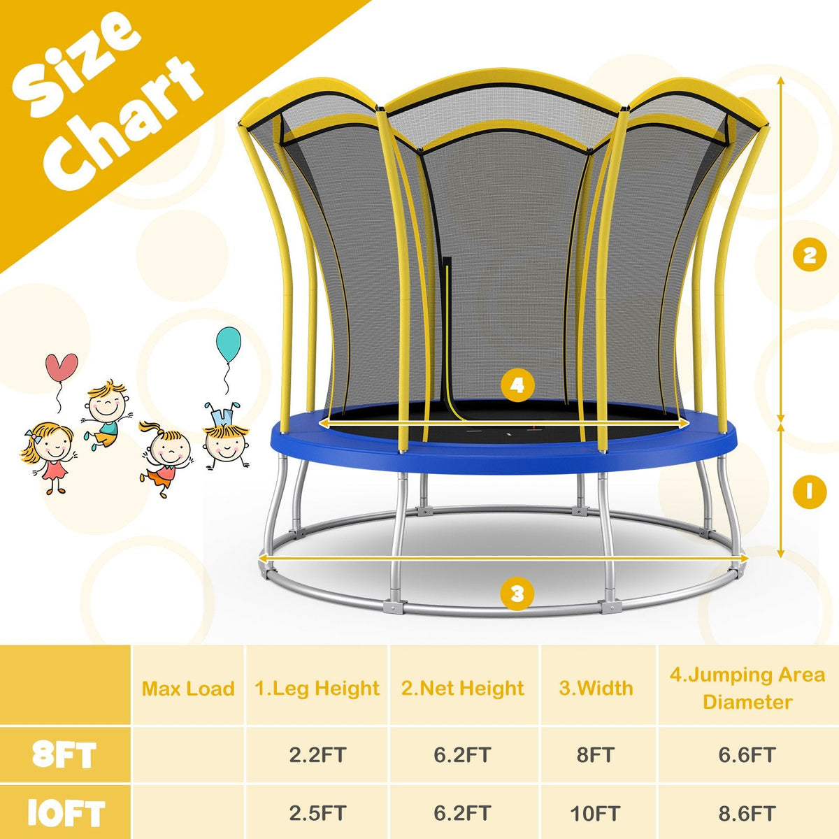 Trampoline de 3 mètres en forme de fleur unique avec cadre en acier galvanisé-Jaune