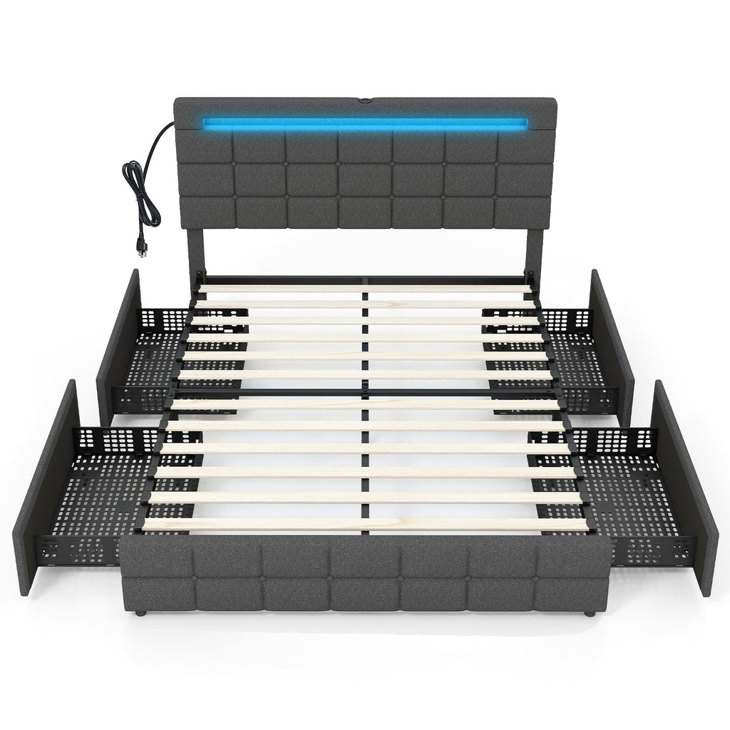 Lit Queen rembourré avec éclairage LED, 4 tiroirs à roulettes et station de charge