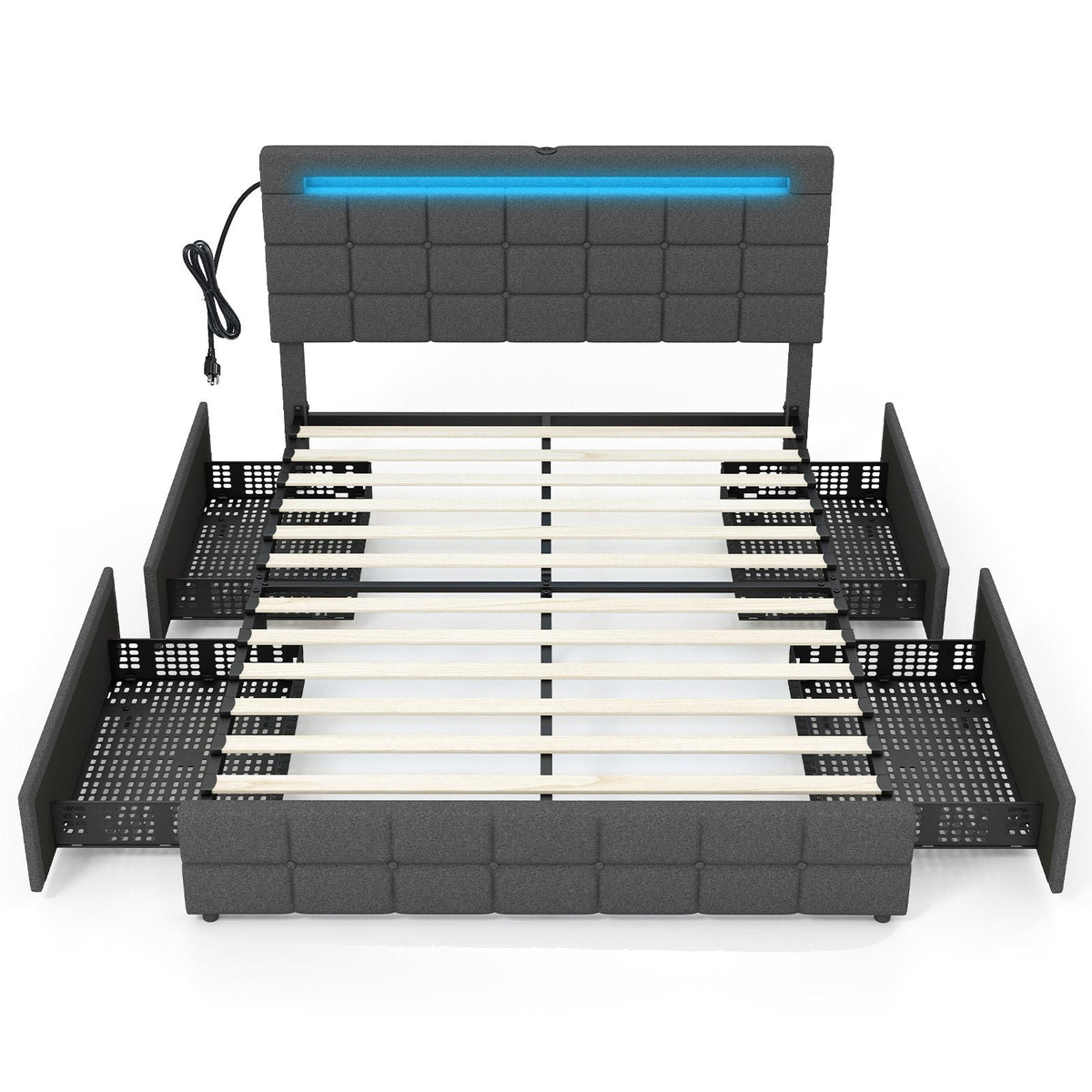 Lit Queen rembourré avec éclairage LED, 4 tiroirs à roulettes et station de charge
