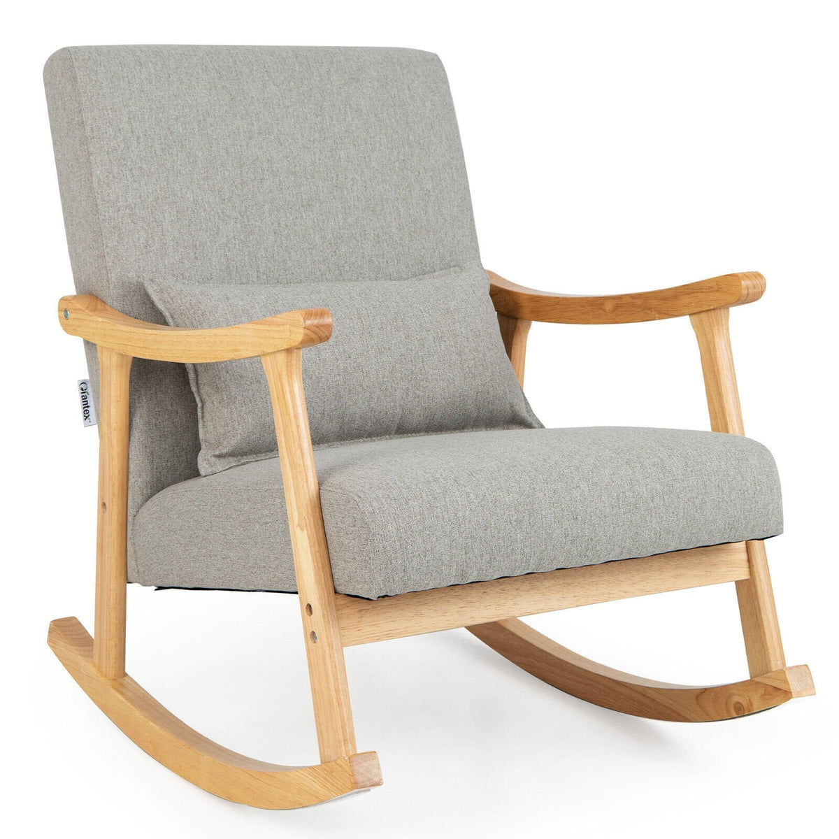 Mecedora tapizada con almohada y estructura de madera de caucho - gris