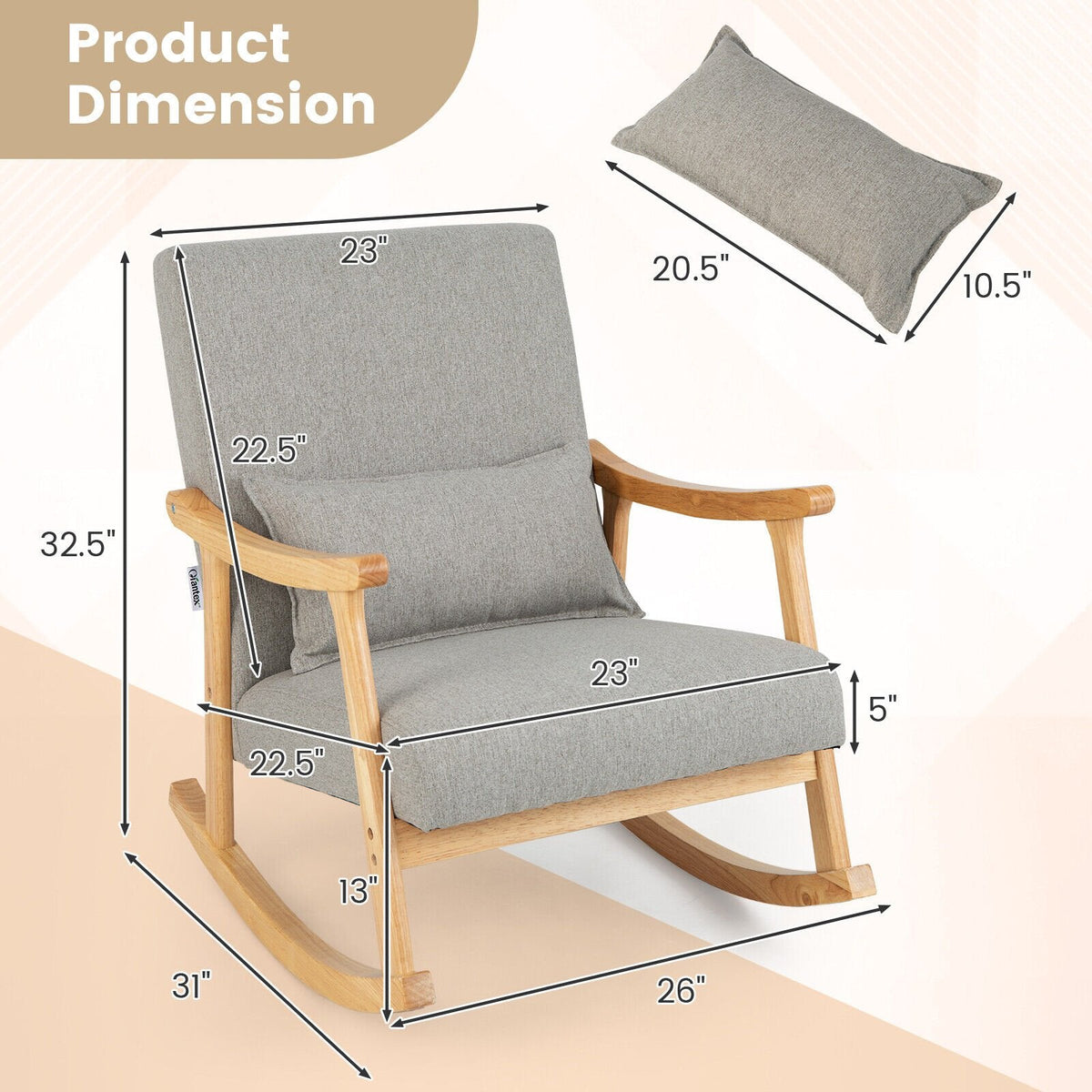Mecedora tapizada con almohada y estructura de madera de caucho - gris