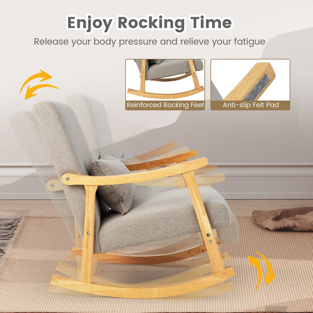 Mecedora tapizada con almohada y estructura de madera de caucho - gris