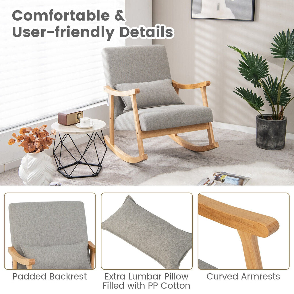 Mecedora tapizada con almohada y estructura de madera de caucho - gris
