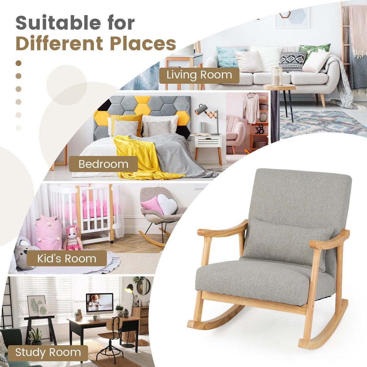 Mecedora tapizada con almohada y estructura de madera de caucho - gris