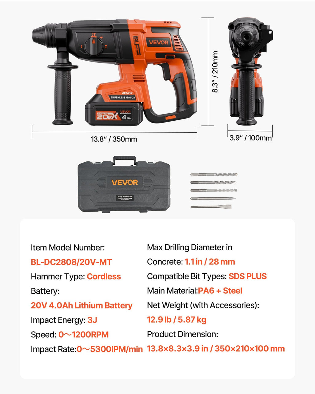 20V Brushless Cordless Hammer Drill, Lithium-Ion 1.1 Inch Rotary Sapphire Castor