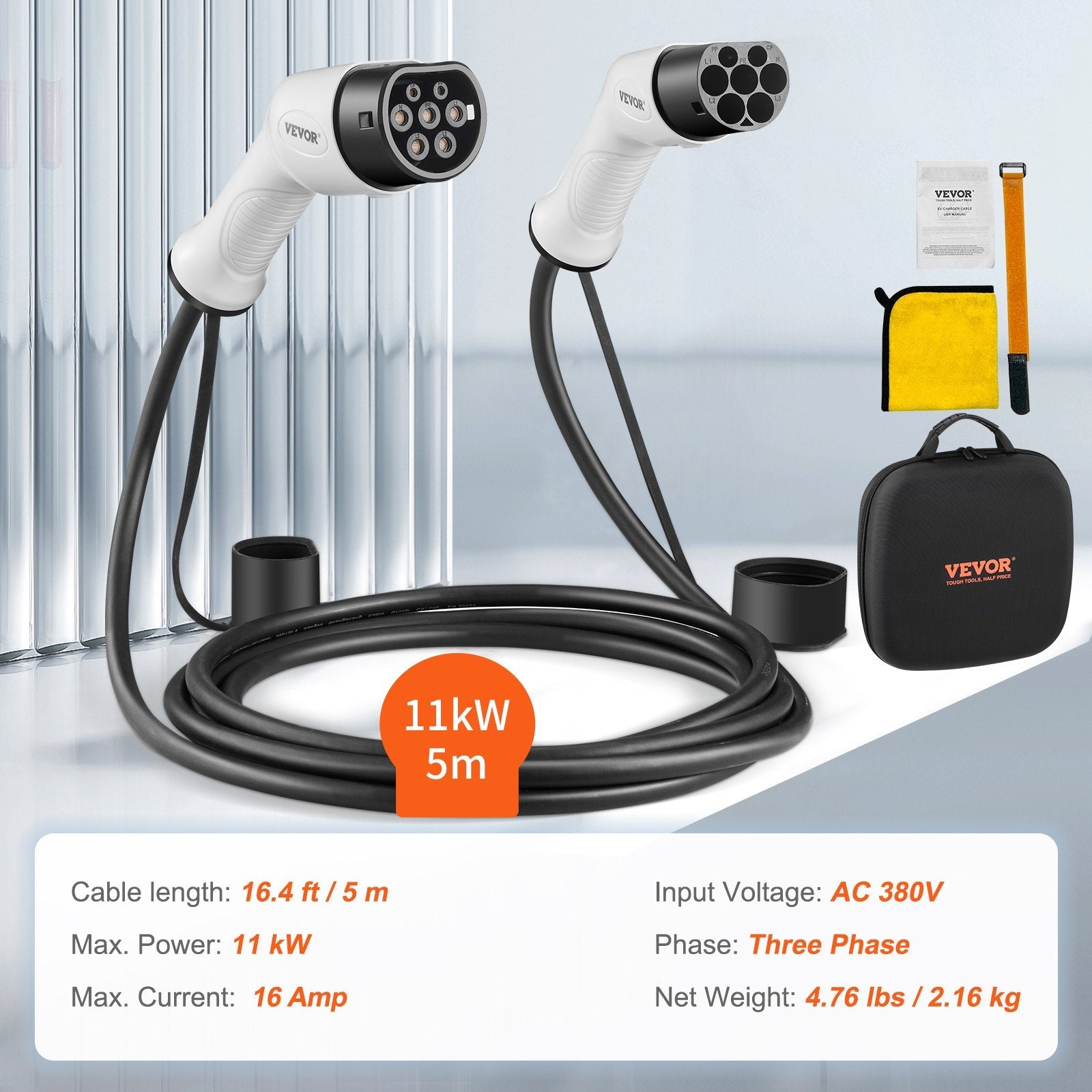 Type 2 to Type 2 EV Charging Cable, 16Amp, 11kW 5 Meters Three Phase Sapphire Castor