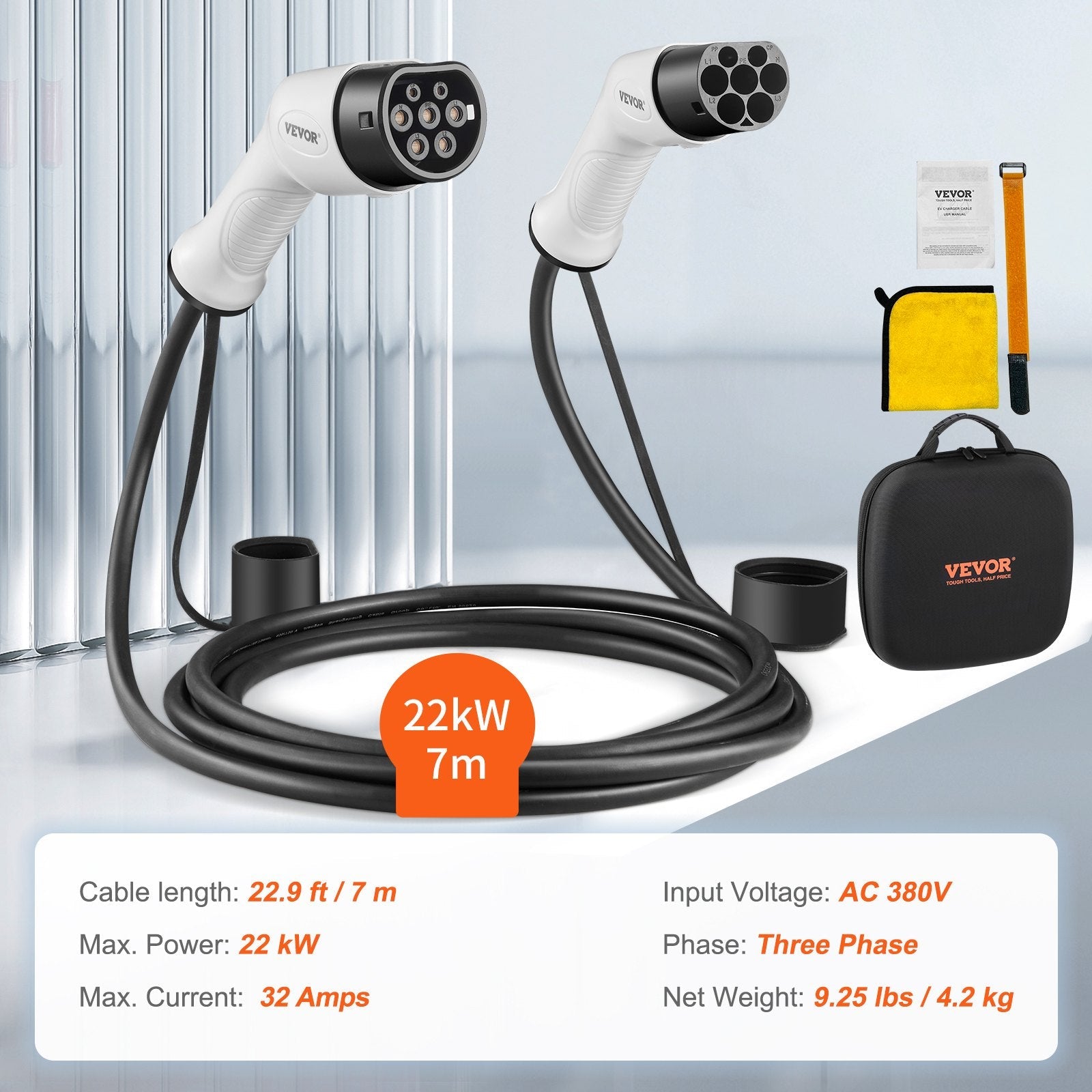 Type 2 to Type 2 EV Charging Cable, 32Amp, 22kW 7 Meters Three Phase Sapphire Castor