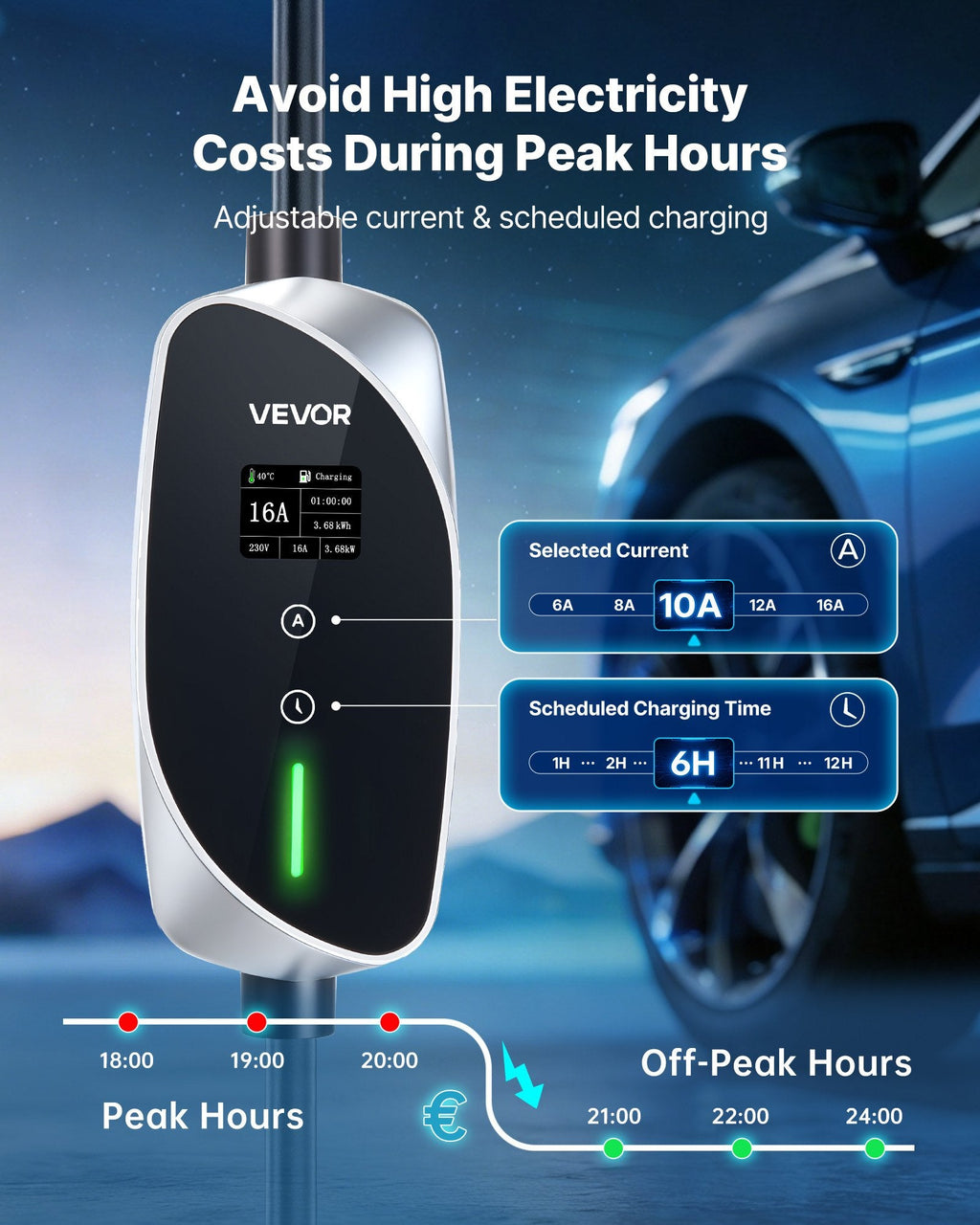 Mobile Wallbox, 3.6 kW 16A, Type 2 Portable EV Charger, Single Phase Sapphire Castor