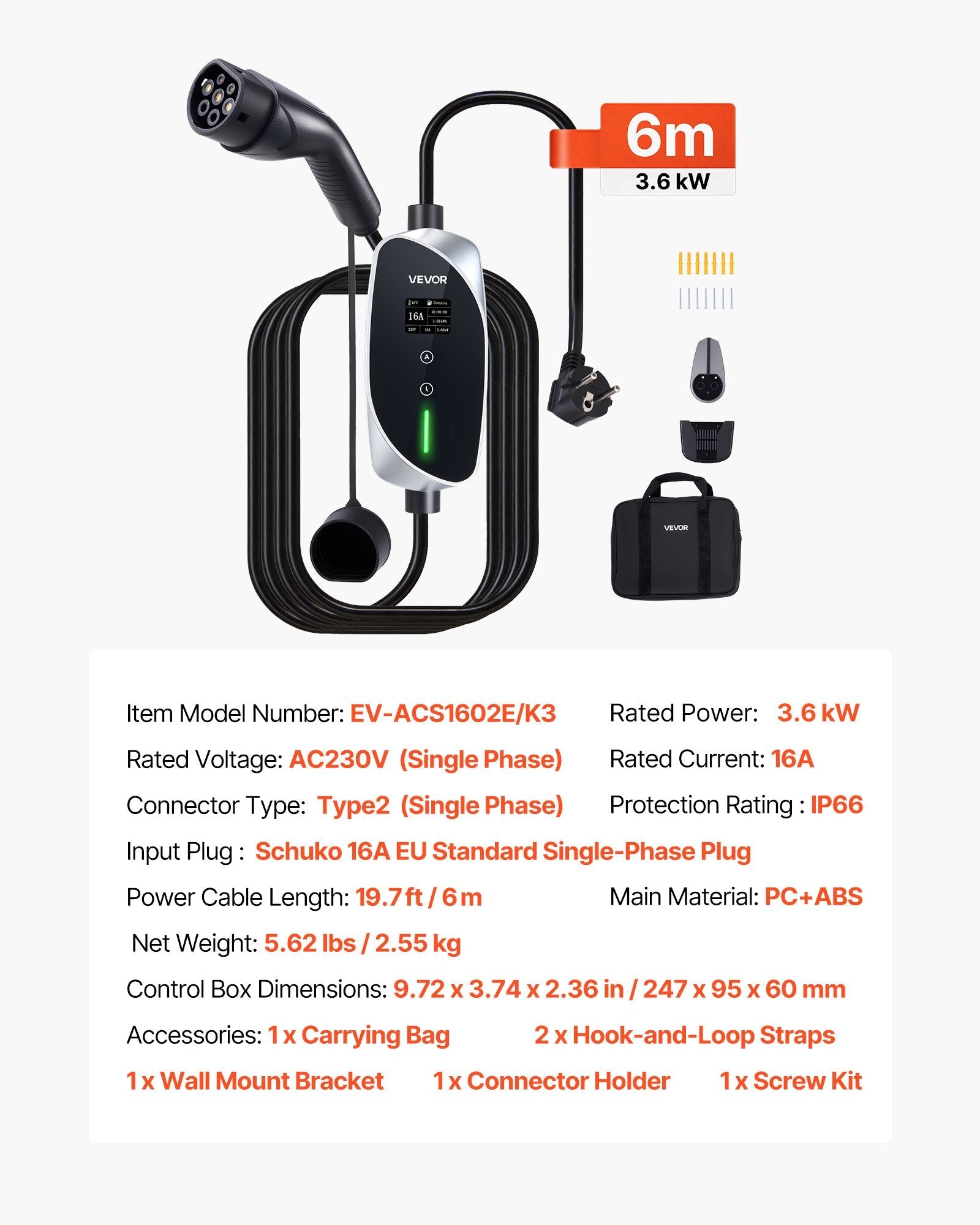 Mobile Wallbox, 3.6 kW 16A, Type 2 Portable EV Charger, Single Phase Sapphire Castor